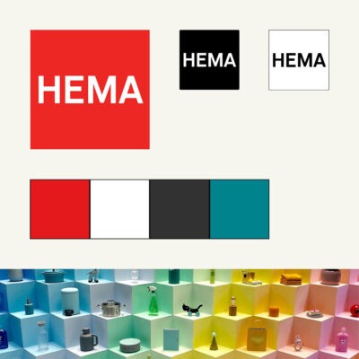 Hema huisstijl kaart met logo's en kleuren
