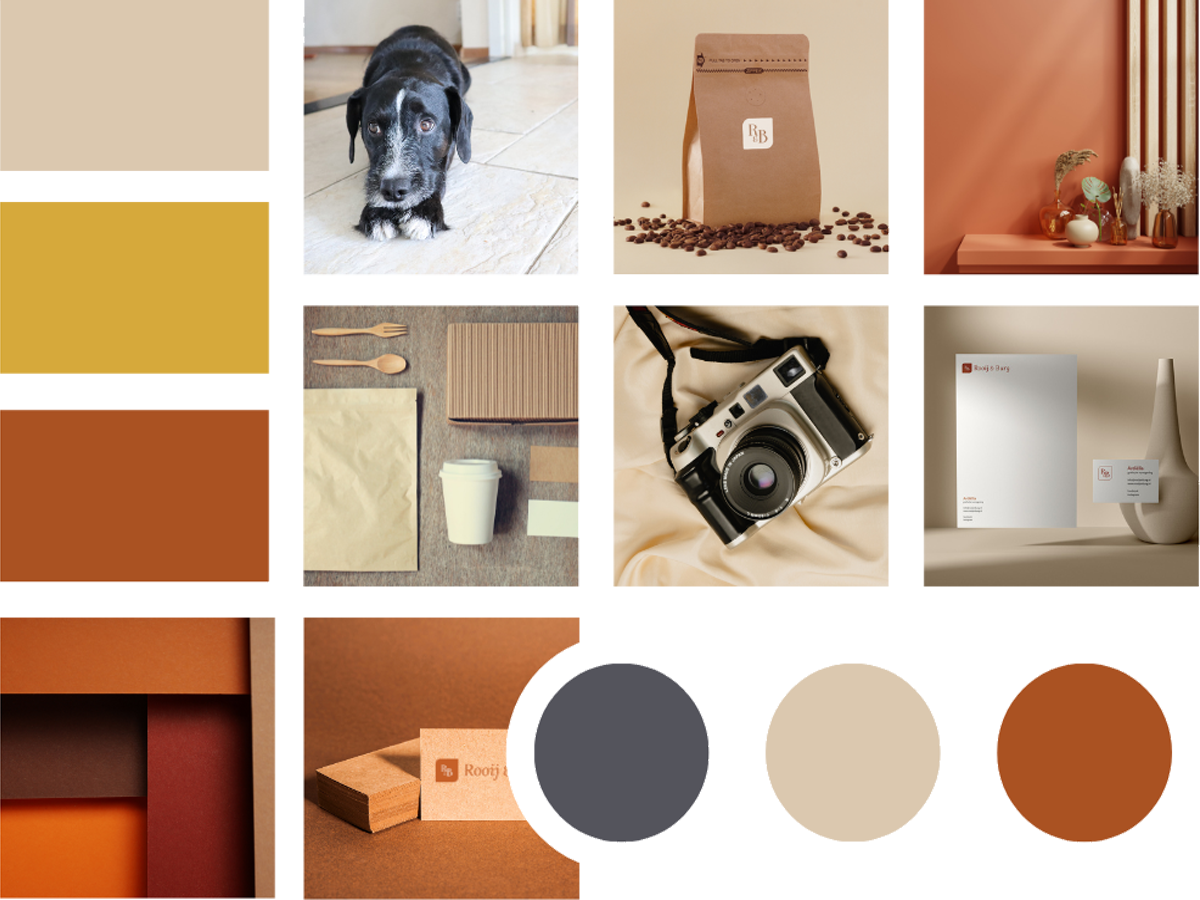 Moodboard met allerlei foto's in de kleuren van de huisstijl van Rooij & Burg