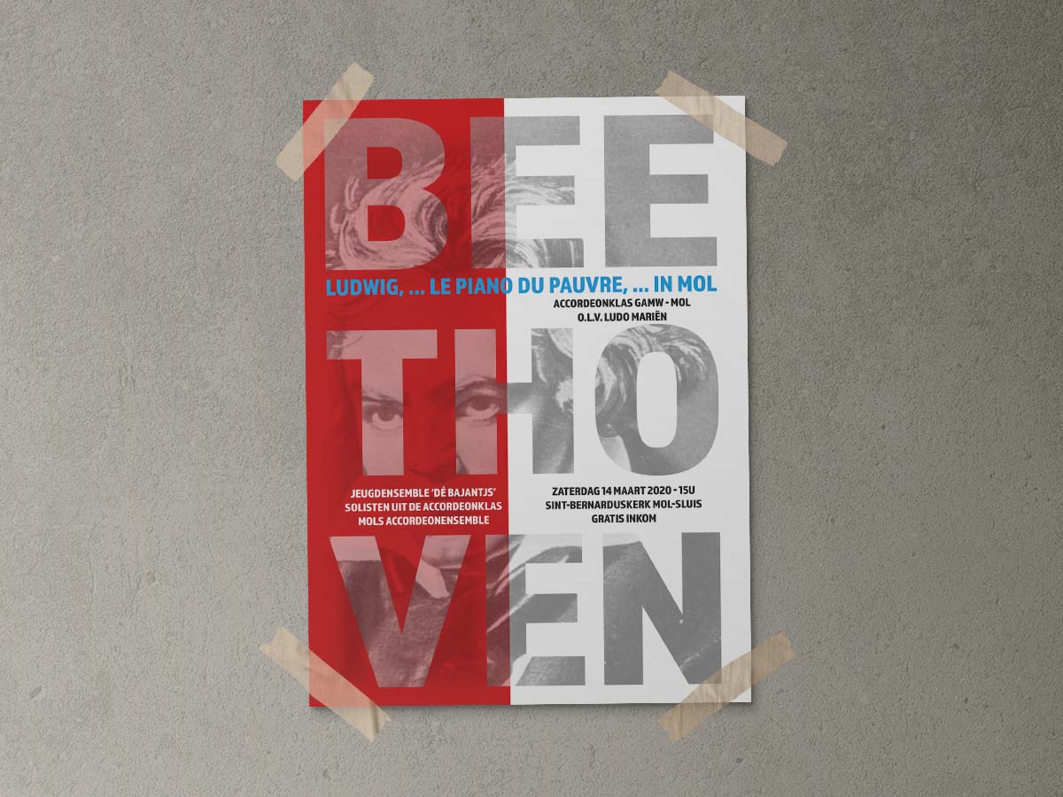 Poster met de aankondiging van een concert over Beethoven met plakband geplakt op een muur