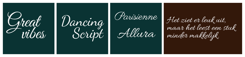 Voorbeelden van sierlijke lettertypes zoals Great vibes, Dancing Script, Allure en Parisienne