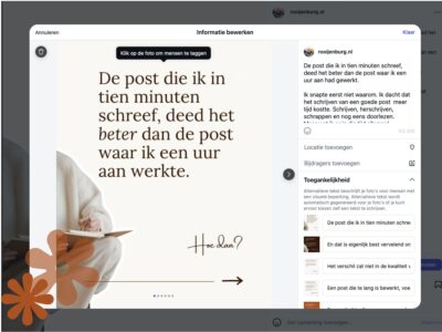 Invulscherm van Instagram waar je kunt zien waar de alt tekst ingevuld kan worden